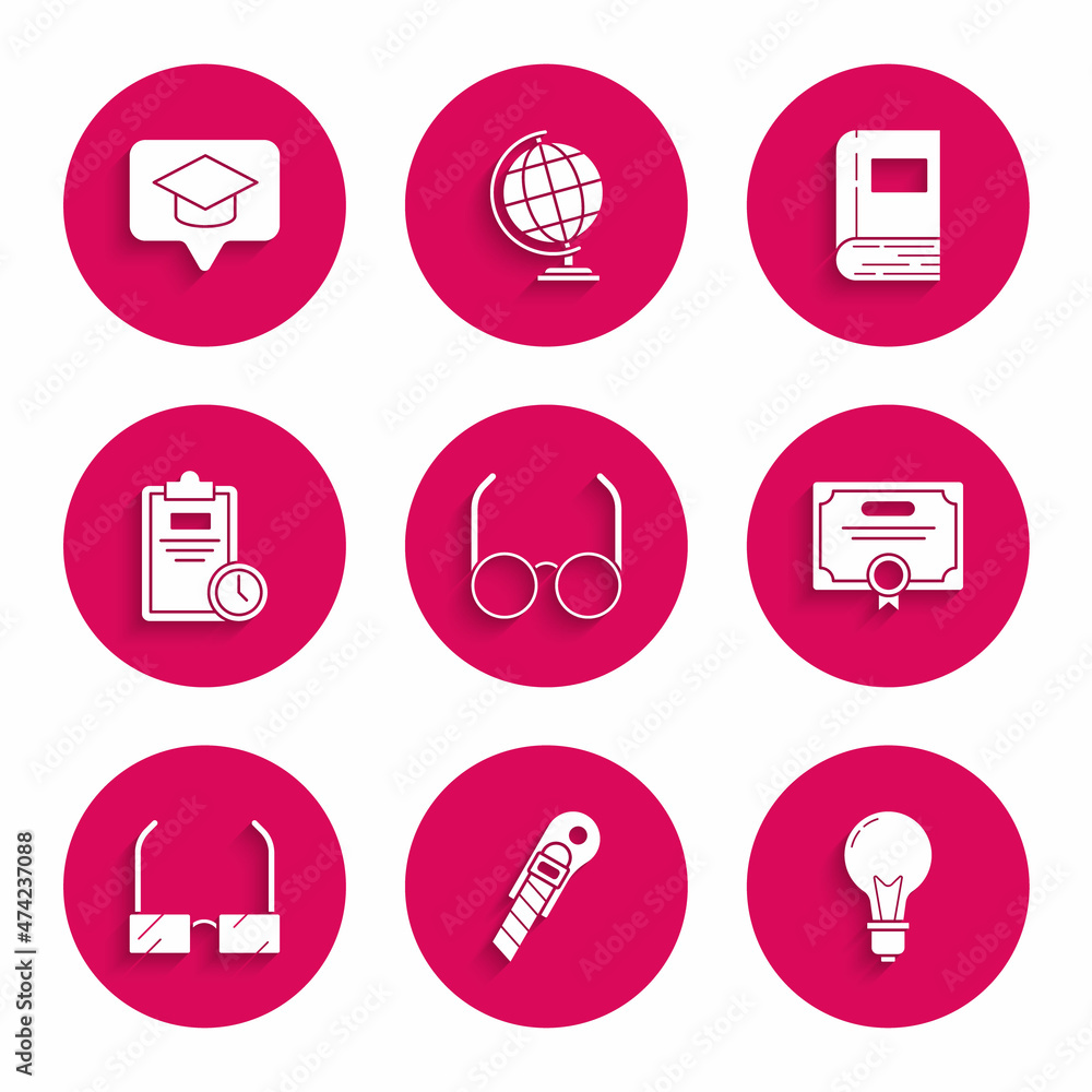 Set Glasses, Stationery knife, Light bulb with concept of idea, Certificate template, Exam sheet clock, Book and Graduation cap in speech bubble icon. Vector Set Glasses, Stationery knife, Light bulb with concept of idea, Certificate template, Exam sheet clock, Book and Graduation cap in speech bubble icon. Vector