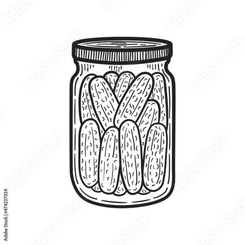Hand drawn jar of canned cucumbers. Sketch. Vector illustration