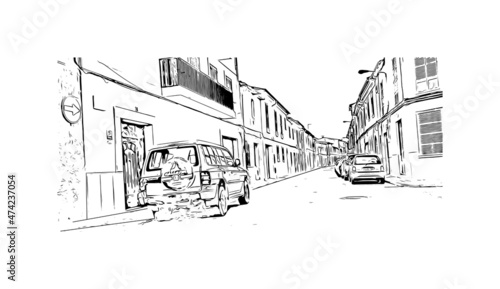 Building view with landmark of Llucmajor is the 
municipality in Spain. Hand drawn sketch illustration in vector.