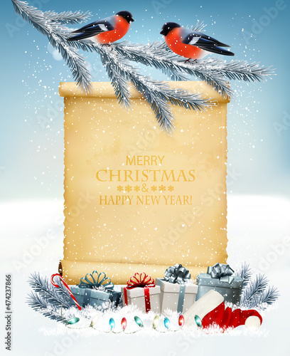 Fotografiet Holiday Christmas background with Santa Hat and a gift boxes and old paper and red bullfinches on branch of a christmas tree
