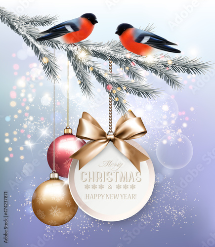 Holiday Christmas background with christmas brunch of trre, red bullfunch and a colorful balls. Vector