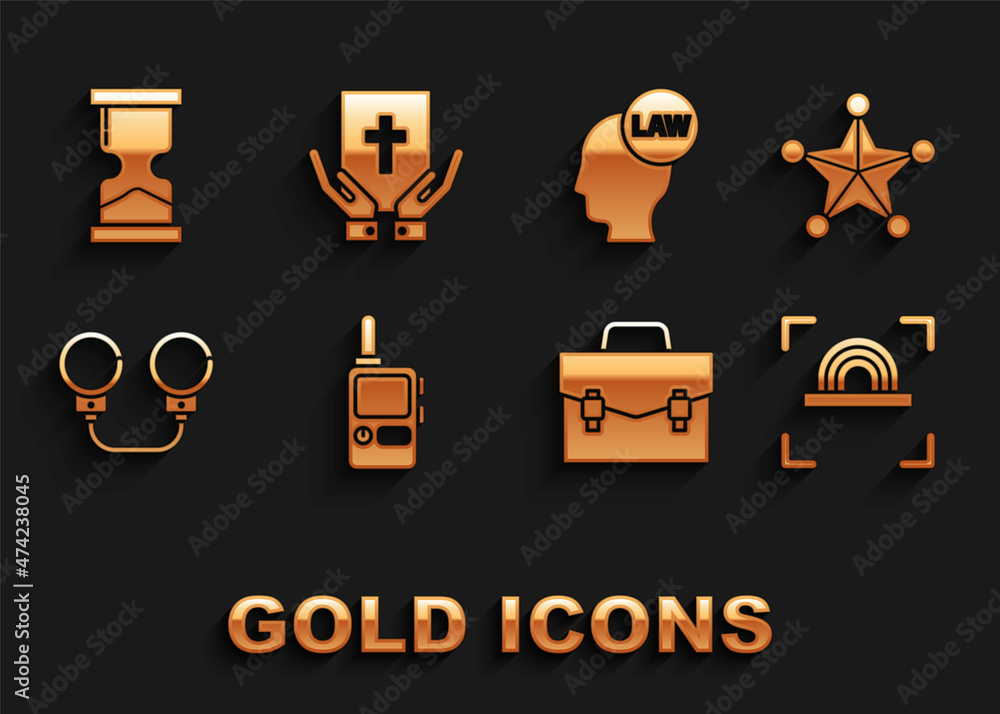 Set Walkie talkie, Hexagram sheriff, Fingerprint, Briefcase, Handcuffs, Head with law, Old hourglass and Oath on the Holy Bible icon. Vector Set Walkie talkie, Hexagram sheriff, Fingerprint, Briefcase, Handcuffs, Head with law, Old hourglass and Oath on the Holy Bible icon. Vector