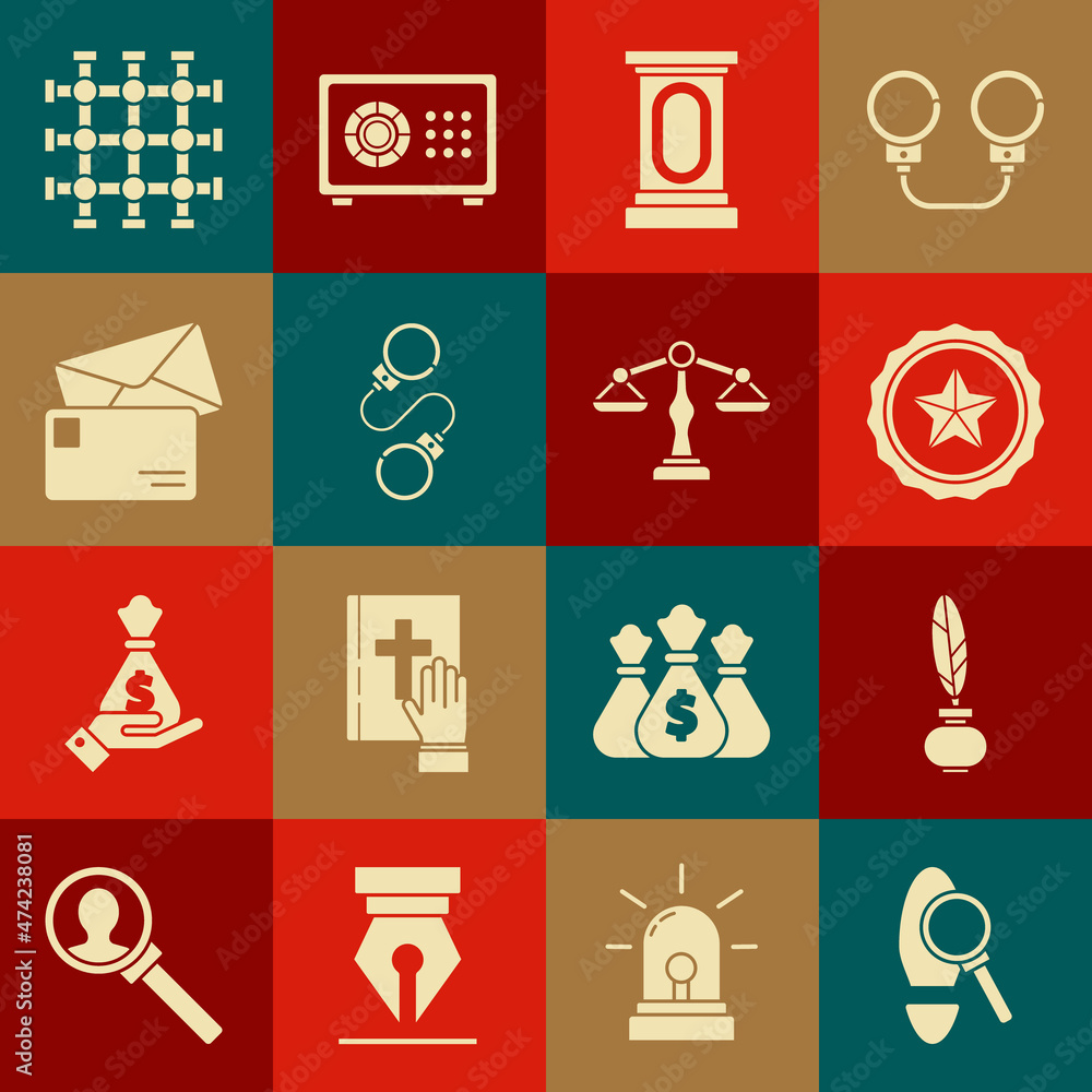 Set Magnifying glass with footsteps, Feather and inkwell, Police badge, Stage stand or debate podium rostrum, Handcuffs, Envelope, Prison window and Scales of justice icon. Vector Set Magnifying glass with footsteps, Feather and inkwell, Police badge, Stage stand or debate podium rostrum, Handcuffs, Envelope, Prison window and Scales of justice icon. Vector