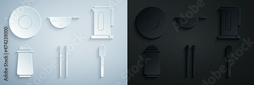 Set Food chopsticks, Kettle with handle, Salt pepper, Spoon, Kitchen colander and Plate icon. Vector