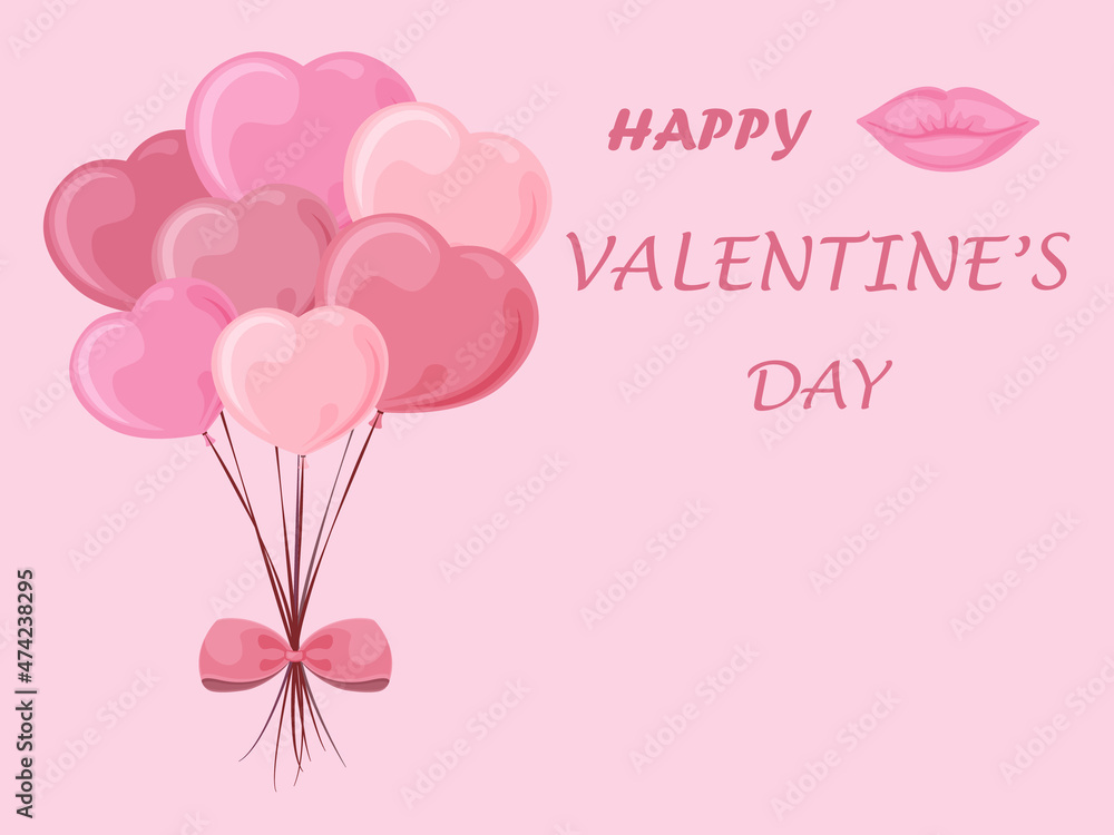 A bright romantic Valentine s day card with a picture of balloons in the form of hearts, lips and a congratulatory inscription. Happy Valentine s Day greeting flyer. Vector illustration