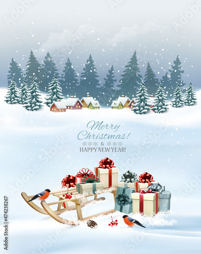 Holiday Christmas and Happy New Year background with a winter landscape and sledge with christmas colorful presents and a red bullfinch. Vector.
