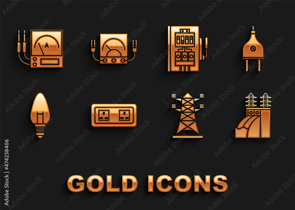 Set Electrical outlet, plug, Nuclear power plant, High voltage pole line, Light bulb, panel, Ampere meter, multimeter, voltmeter and icon. Vector Set Electrical outlet, plug, Nuclear power plant, High voltage pole line, Light bulb, panel, Ampere meter, multimeter, voltmeter and icon. Vector