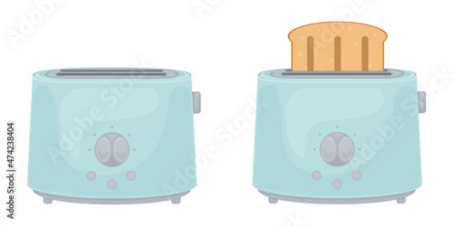 Illustration with the image of blue toasters. Toaster with toast and empty. An electric kitchen appliance designed for roasting thin slices of bread. Vector illustration isolated on a white background