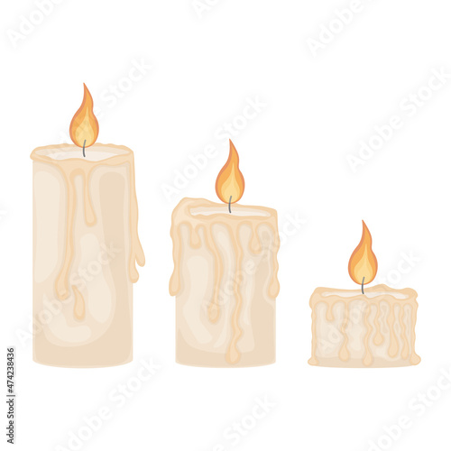 An illustration depicting three romantic burning candles. Wax candles of different sizes. Three candle flames, vector illustration isolated on a white background