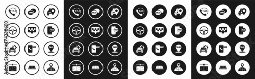 Set Map pointer with taxi, Steering wheel, Taxi call telephone service, and Car icon. Vector