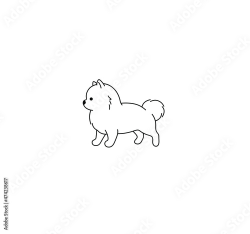 Vector isolated cute cartoon standing spitz side view puppy dog line drawing.