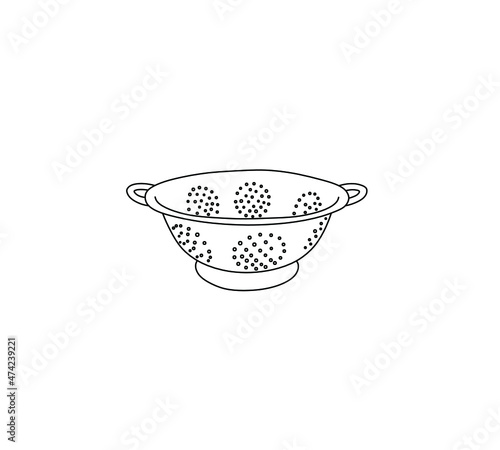 Vector isolated pasta colander drawing. Colorless black and white pasta colander graphic icon, logotype, symbol, emblem
