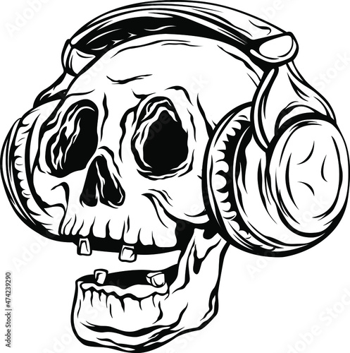 Hand drawn human skull wearing headphones. Isolated vector on light background
