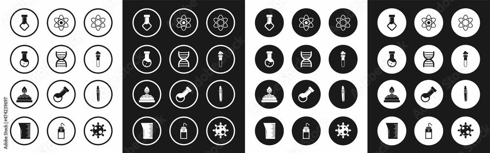 Set Atom, DNA symbol, Test tube and flask chemical, Tweezers and Alcohol or spirit burner icon. Vector Set Atom, DNA symbol, Test tube and flask chemical, Tweezers and Alcohol or spirit burner icon. Vector