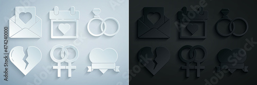 Set Female gender symbol, Wedding rings, Broken heart or divorce, Heart and ribbon, Calendar with and Envelope icon. Vector
