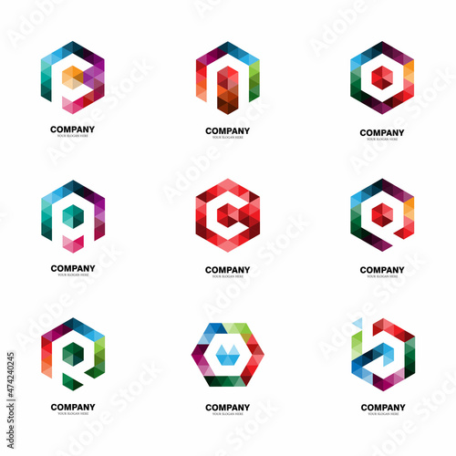 initial letter logo bundle design with hexagons. colorful texture. isolated white. logos for business, corporate, digital, technology and graphic design. modern templates