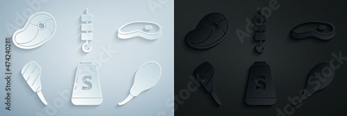 Set Salt, Steak meat, Rib eye steak, Chicken leg, Grilled shish kebab on skewer stick and icon. Vector