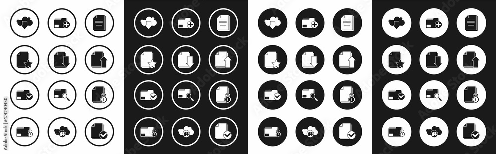 Fototapeta premium Set Document, with download, star, Cloud, Upload file document, Add new folder, and lock and check mark icon. Vector
