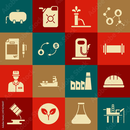 Set Oil platform in the sea, Worker safety helmet, Industry pipe, pump pump jack, exchange, Contract money and pen, industrial factory building and Petrol gas station icon. Vector