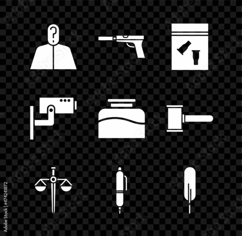 Set Anonymous with question mark, Pistol or gun silencer, Evidence bag and bullet, Scales of justice, Pen, Feather pen, Security camera and Inkwell icon. Vector