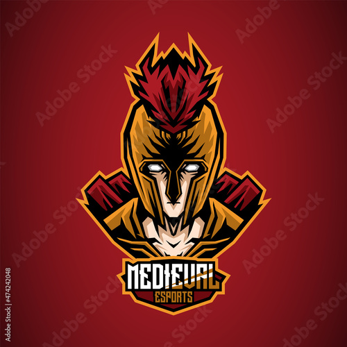 Fototapeta Naklejka Na Ścianę i Meble -  esport mascot of medieval roman warrior, this cool and fierce image is suitable for esport team logos or for fighting club logo, can be used t-shirt or merchandise design