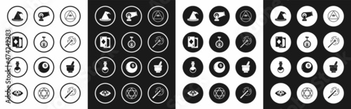 Set Masons, Unicycle or one wheel bicycle, Playing cards, Witch hat, Magic wand, Cannon, mortar pestle and Bottle with love potion icon. Vector