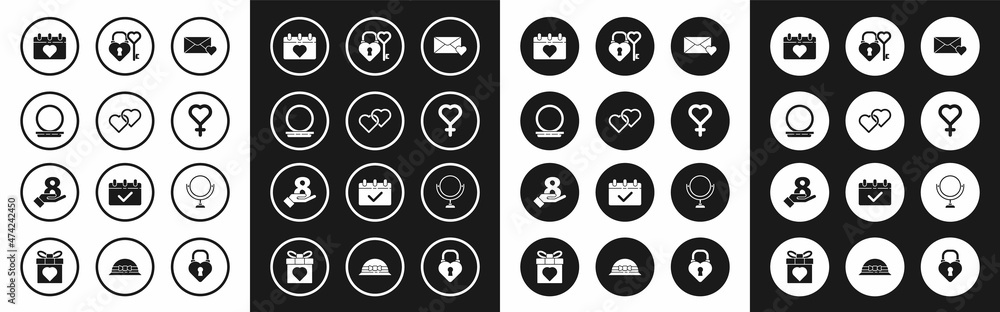 Set Envelope with 8 March, Two Linked Hearts, Makeup powder mirror, Calendar, Female gender symbol, Castle and key heart shape, Round makeup and on hand icon. Vector Set Envelope with 8 March, Two Linked Hearts, Makeup powder mirror, Calendar, Female gender symbol, Castle and key heart shape, Round makeup and on hand icon. Vector