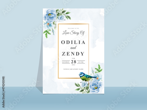 Wedding invitation card template blue flowers theme