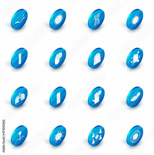 Set Virus, DNA symbol, Blood test and virus, cells in lung, Bar of soap and Rabies icon. Vector
