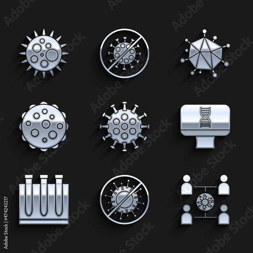 Set Virus, Stop virus, spread, DNA spiral and computer, Blood test, and icon. Vector