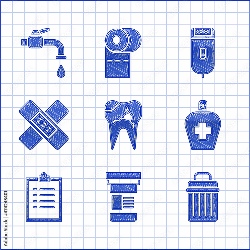 Set Broken tooth, Medicine bottle, Trash can, Bottle of liquid antibacterial soap, Clipboard with checklist, Crossed bandage plaster, Electrical hair clipper or shaver and Water tap icon. Vector
