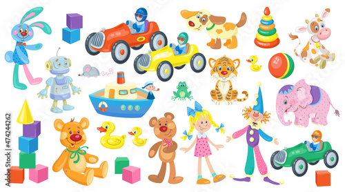 Big set of colorful children's toys for little boys and girls. In cartoon style. Isolated on white background. Vector flat illustration.