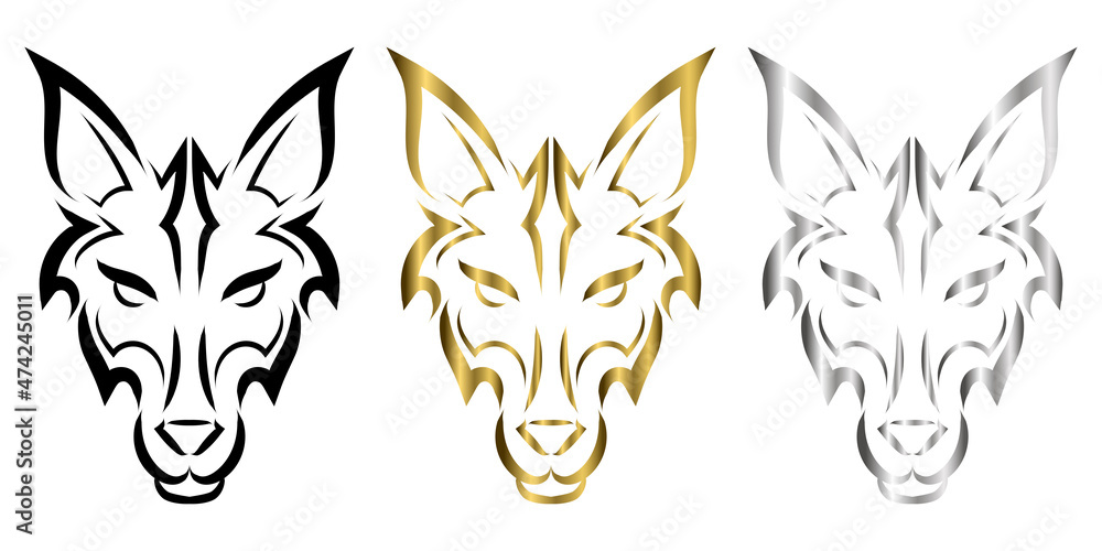 Fototapeta premium Black gold and silver line art of wolf head. Good use for symbol, mascot, icon, avatar, tattoo, T Shirt design, logo or any design you want.