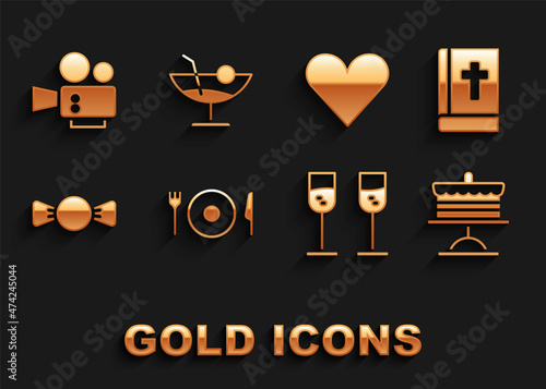 Set Plate, fork and knife, Holy bible book, Cake on plate, Glass of champagne, Bow tie, Heart, Cinema camera and Cocktail icon. Vector