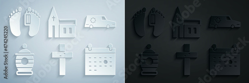 Set Christian cross, Hearse car, Funeral urn, Calendar death, Church building and Dead body icon. Vector