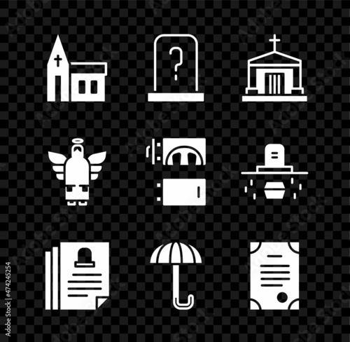 Set Church building, Grave with tombstone, Old crypt, Death certificate, Umbrella, Christmas angel and Crematorium icon. Vector