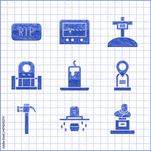 Set Burning candle, Grave with coffin, tombstone, Location grave, Hammer, cross and Speech bubble rip death icon. Vector