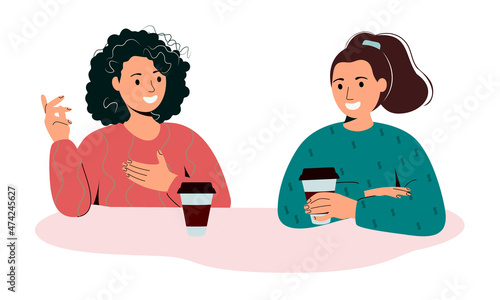 Young people with hot drinks talking during a coffee break. Smiling women chatting. Colored flat vector illustration isolated on white background. photo