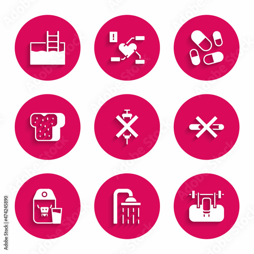 Set No doping syringe, Shower head, Bench with barbel, Smoking, Paper package for milk, Bread toast, Vitamin pill and Swimming pool ladder icon. Vector