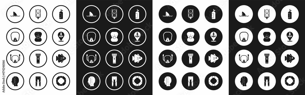 Set Aqualung, Shell with pearl, Diving mask, Shark fin ocean wave, Location anchor, Gauge scale, Fish and icon. Vector Set Aqualung, Shell with pearl, Diving mask, Shark fin ocean wave, Location anchor, Gauge scale, Fish and icon. Vector