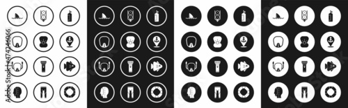 Set Aqualung, Shell with pearl, Diving mask, Shark fin ocean wave, Location anchor, Gauge scale, Fish and icon. Vector