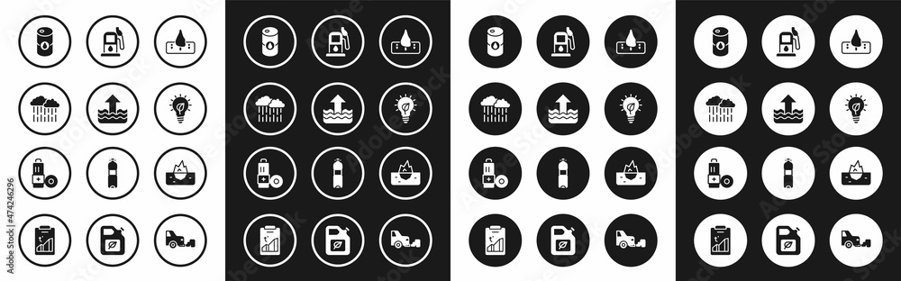 Set Deforestation, Rise in water level, Cloud with rain, Barrel oil, Light bulb leaf, Petrol gas, Iceberg and Battery icon. Vector Set Deforestation, Rise in water level, Cloud with rain, Barrel oil, Light bulb leaf, Petrol gas, Iceberg and Battery icon. Vector
