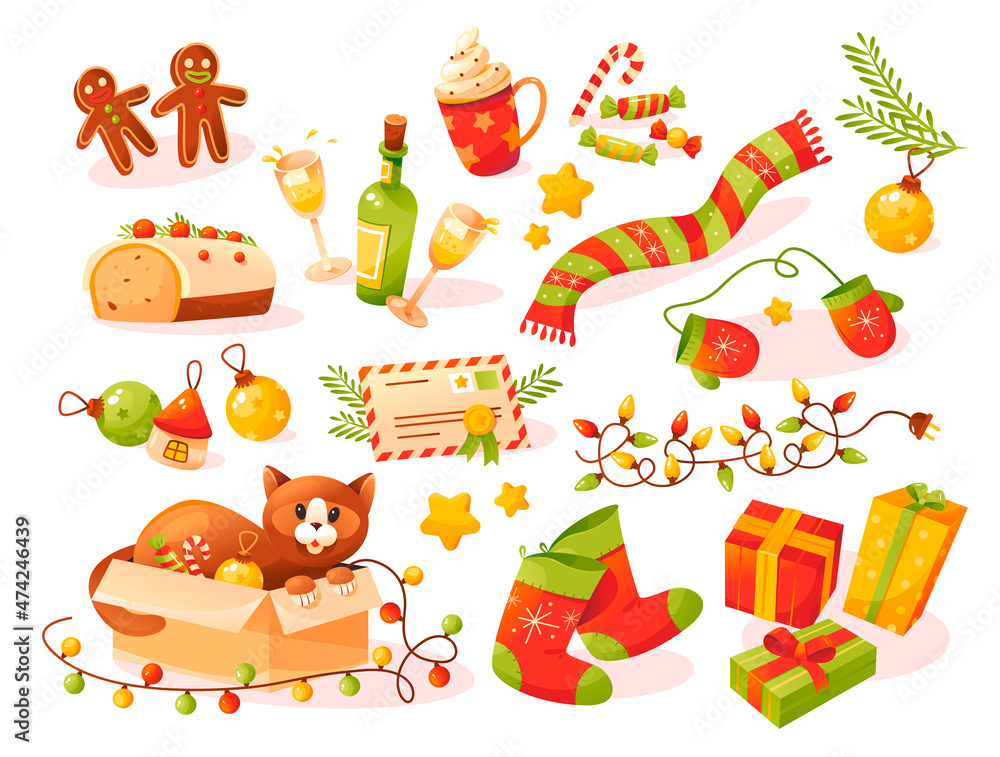 Naklejka premium Christmas set of cartoon elements. Gifts, Christmas balls, garlands, gingerbread, cupcakes, champagne and other Christmas symbols. Cute icons to decorate for Christmas and New Year.