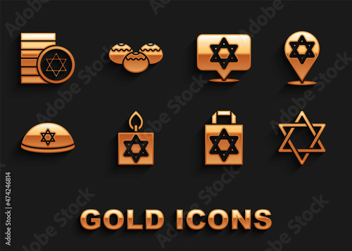 Set Burning candle, Star of David, Shopping bag with star david, Jewish kippah, coin and sweet bakery icon. Vector