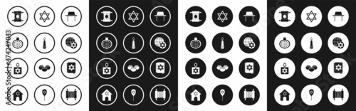 Set Orthodox jewish hat, Burning candle, Pomegranate, Torah scroll, World Globe Israel, Star of David, Jewish torah book and icon. Vector