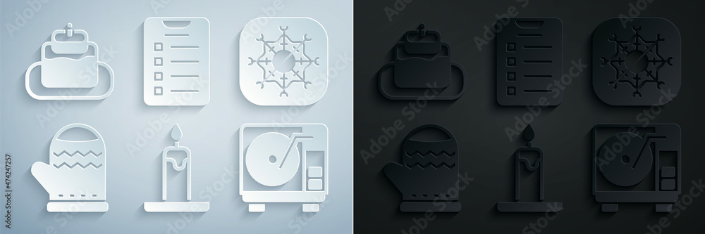 Set Burning candle, Snowflake, Christmas mitten, Vinyl player with vinyl disk, New year goals list and Cake icon. Vector