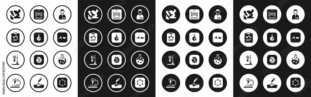 Set Laboratory assistant, Cracked flask, Chemistry report, Gaseous, Broken, Periodic table, Test tube and and on fire icon. Vector Set Laboratory assistant, Cracked flask, Chemistry report, Gaseous, Broken, Periodic table, Test tube and and on fire icon. Vector