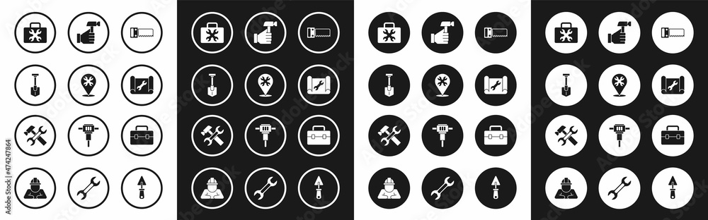 Set Hand saw, Location with wrench, Shovel, Toolbox, Graphing paper, Hammer, and icon. Vector Set Hand saw, Location with wrench, Shovel, Toolbox, Graphing paper, Hammer, and icon. Vector