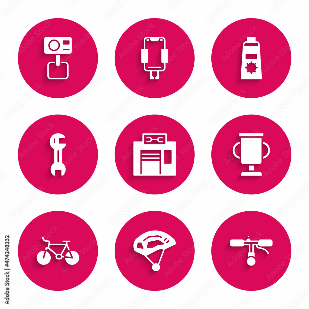 Set Bicycle repair service, helmet, handlebar, Award cup with bicycle, Wrench spanner, Sunscreen cream in tube and Action extreme camera icon. Vector Set Bicycle repair service, helmet, handlebar, Award cup with bicycle, Wrench spanner, Sunscreen cream in tube and Action extreme camera icon. Vector