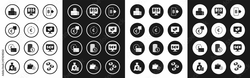 Set Mining bitcoin from mobile, Coin money with euro symbol, Financial growth and, Credit card, Stacks paper cash, Cryptocurrency exchange, Currency and icon. Vector